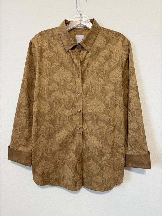 Chico's Tops - Chico's 3/4 Sleeve Button Up Floral Textured Gold/Brown No-Iron Shirt Size 1 (8)